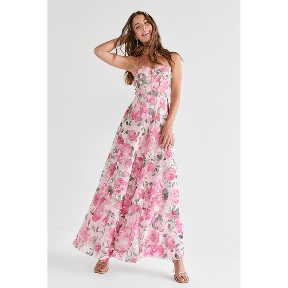 NEW Francesca's Lana Pink Floral Corset Maxi Dress Women's L Formal Prom Party - Picture 1 of 10
